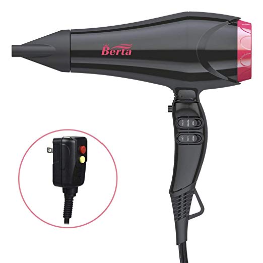 Berta Professional Hair Dryer 1875W Negative Ionic Blow Dryer with 3 Heat 2 Speed settings Cool Botton Ceramic Dryer, Black