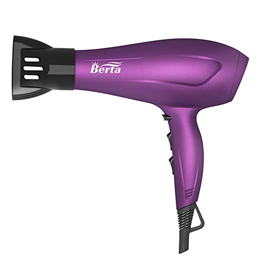 BERTA 1875 Watts Negative Ionic Blow Dryer Soft Touch Finish Tourmaline Ceramic Hair Dryer, Purple