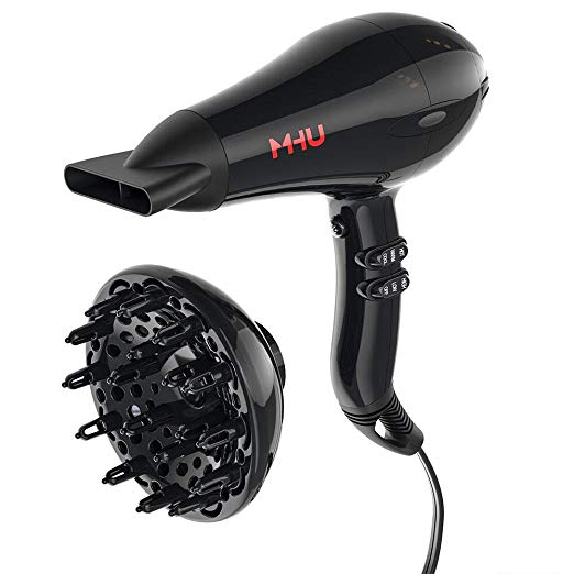 MHU 1875W Powerful Lightweight Hair Dryer Compact Anti-frizz Ionic Blow Dryer AC Motor Fast Drying with 2 Speed and 3 Heat Settings Concentrator and Diffuser, 2.65M Salon Cable