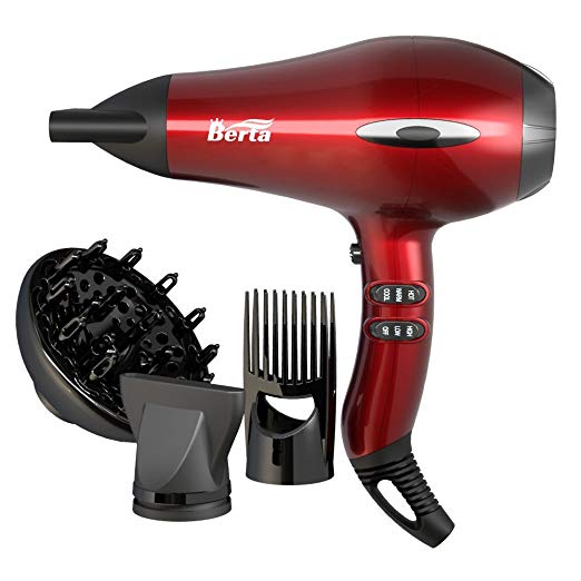 BERTA 1875W Hair Dryer Negative Ionic Blow Dryer With Four Accessories 2 Speed and 3 Heat Settings Professional AC motor, Cola Red