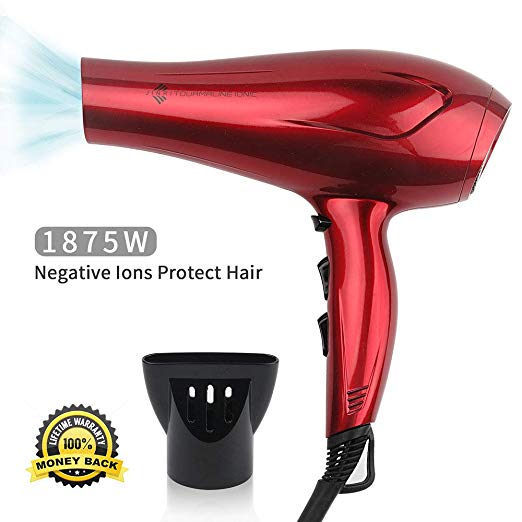 JINRI Hair Dryers Professional Blow Dryer 1875w Powerful Tourmaline Negative Ionic Hairdryers Light Weight Hairdressing salon blowdryers Portable Travel Hanging Ring & ALCI plug - RED JR-021