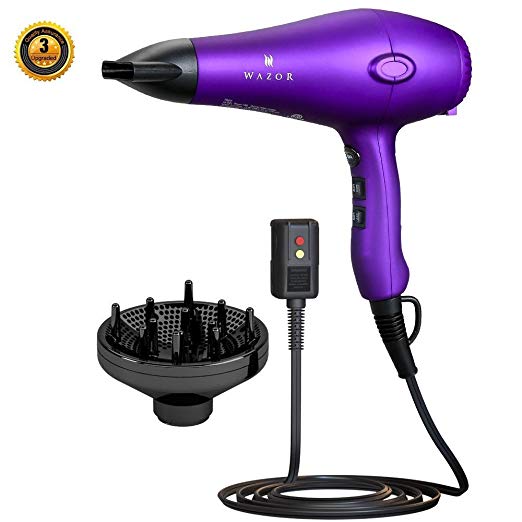 Wazor 3rd Generation Lightweight Low Noise Hair dryer,(1875W Tourmaline Ceramic Negative Ionic Blow dryer）2 Speed 3 Heat Settings Cool Shot with Diffuser Concentrator(Purple)