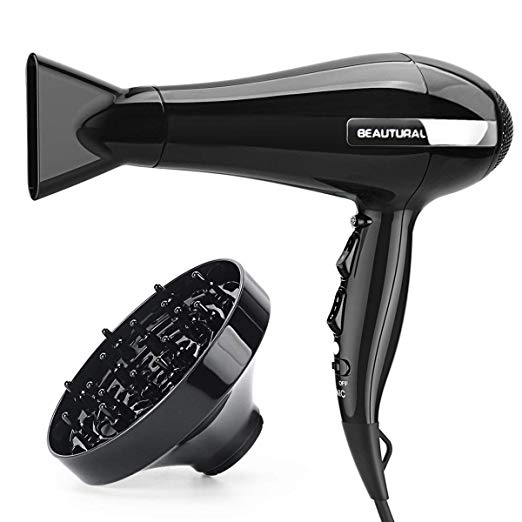 Beautural Professional 1875W Hair Dryer Styler with Ionic, 3 Heat Levels & 2 Speeds Settings, Cool Airflow, Concentrator & Diffuser Attachments - Black