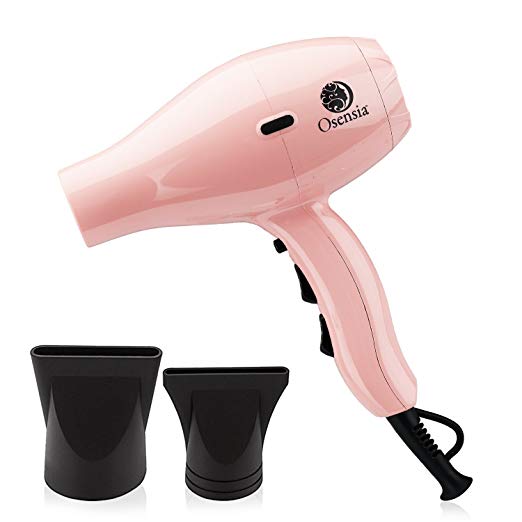 Professional Pink Hair Dryer – Ceramic & Tourmaline Salon Blow Dryer with 3 Speed Settings for Fast Drying and Soft, Lustrous Hair – Lightweight Ion Dryer + 2 Attachments by Osensia