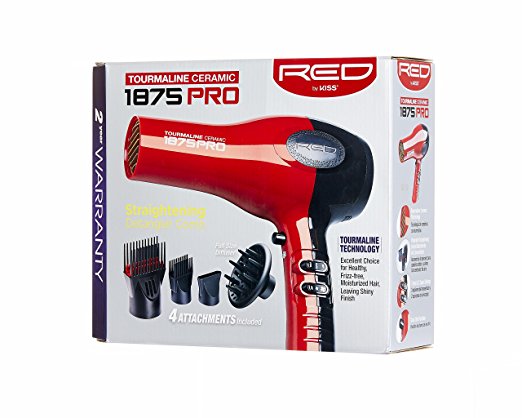 Red by Kiss 1875 Pro Watt Ceramic Tourmaline Hair Dryer with 4 Additional Styling Attachments