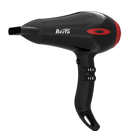 BERTA 1875W Ceramic Tourmaline Hair Dryer Healthy Negative Ionic Blow Dryer 2 Speed 3 Heat Settings Plus Cool Shot AC Motor with 1 Concentrator Nozzle