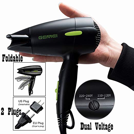 Professional Folding Blow Dryer for Travel 1300 to 1500W Negative Ion Small Hair Dryer Dual Voltage Lightweight,Mini 9x10 Inch Size, Gifts for Women,Green