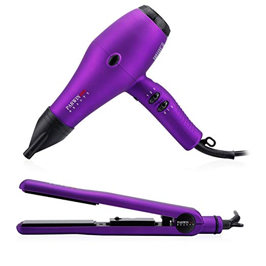 PARWIN BEAUTY Styling Blow Dryer & Straightener Toolkit - 1875W Super Negative Ion Multi-step Switch Hair Dryer and Diamond Tourmaline Ceramic Thermostat Flat Iron, Purple