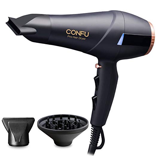 Professional Ionic Hair Dryer CONFU 1875W AC Motor Blow Dryer with Diffuser 2 Concentrators Fast Drying with 3 Heat 2 Speed Settings Cool Shot Button LED Night Light ETL Certified Black