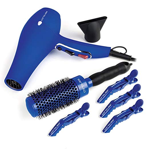 Corioliss Flow Style Kit Blue, Salon Blow Dryer Set, 1875W Professional Hair Dryer, Barrel Brush, 4 Pro Hair Clips, All Hair Types