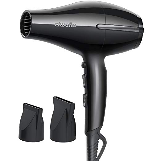 Ciwellu Professional Ionic Hair Dryer 1875W AC Motor Lightweight Negative Ions Ceramic Fast Dry With 3 Heat 2 Speed With Cool Shot Button 2 Nozzles for Salon, Black