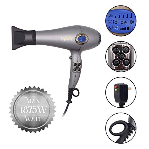 1875W Lightweight AC Motor Low Noise Hair Dryer,Anion LCD Screen Constant Temperature,Negative Ionic With Cold Shot Button 2 Speeds 3 Heat Settings With Concentrator and Diffuser，Built-in overheating