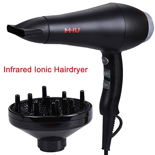 MHU Professional Infrared Ionic Hair Dryer With Concentrator & Diffuser 1875w AC Motor 2 Speed And 3 Heating 2.65M Salon Cable Pro Blow Dryer, Black