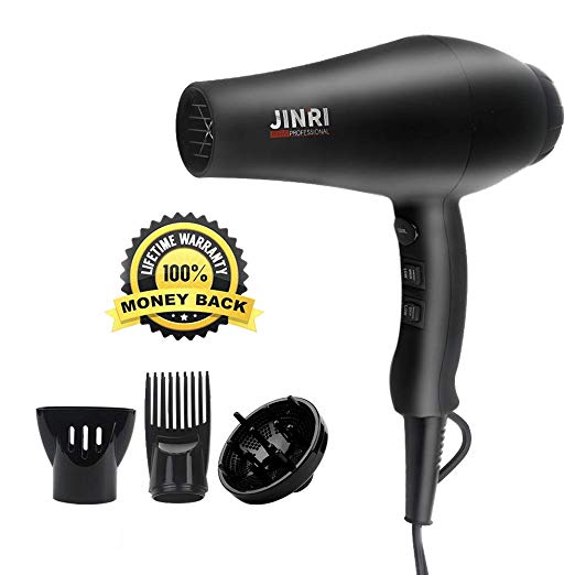 Blow Dryer,JINRI Hair Dryer Professional Hair Blow Dryer with Diffusers & comb attachments Powerful Negative Ionic Hairdryers Portable blowdryers Hanging Ring & ALCI plug -1875w Black JR-104B