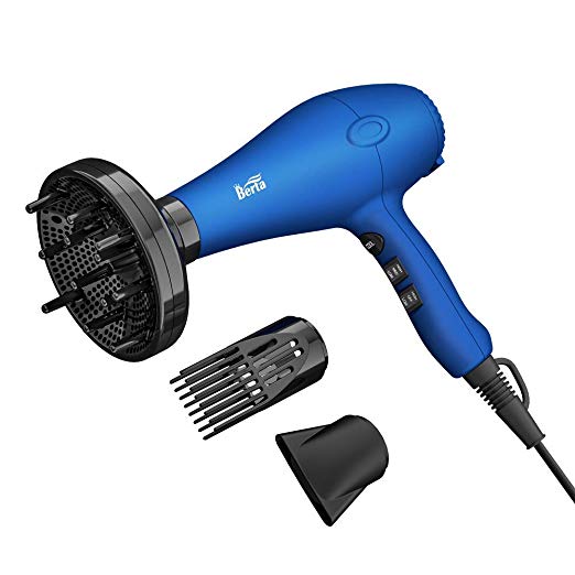 BERTA 1875W Ceramic Ionic Hair Dryer 2 Speeds & 3 Temperatures Settings Rubberized Soft Touch Finish Lightweight Blow Dryer With 3 Professional Attachments DC motor