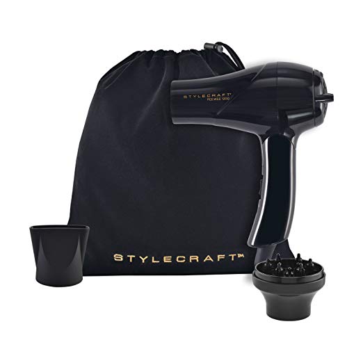 StyleCraft PeeWee 1200 Dual Voltage Folding Handle Travel Dryer | Includes: Travel Bag, Nozzle & Diffuser