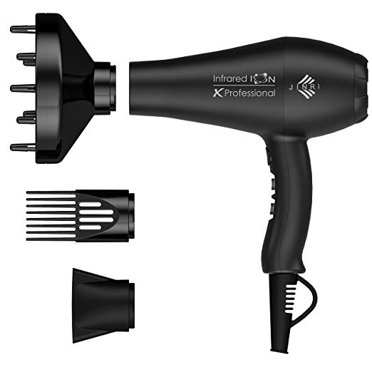 Jinri Professional Salon 1875w Far Infrared Negative Ion 2 Speeds 3 Heat Ionic Hair Dryer with Diffuser and Concentrator,Black Color